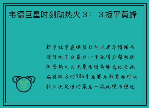韦德巨星时刻助热火３：３扳平黄蜂